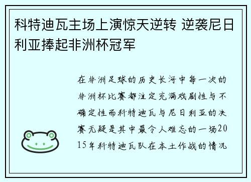 科特迪瓦主场上演惊天逆转 逆袭尼日利亚捧起非洲杯冠军