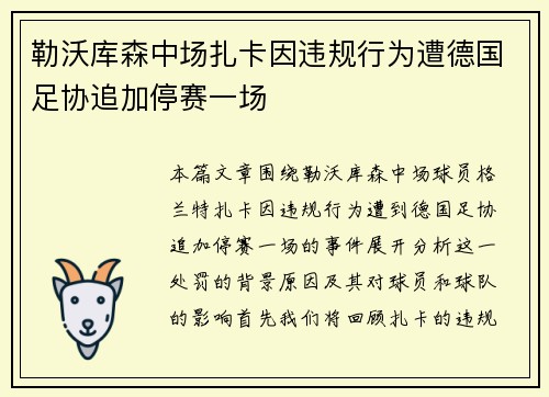 勒沃库森中场扎卡因违规行为遭德国足协追加停赛一场